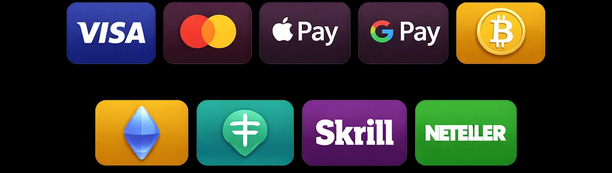 Online casino payment methods including Visa, Mastercard, Apple Pay, Google Pay, Bitcoin, Ethereum, Tether, Skrill, and Neteller.