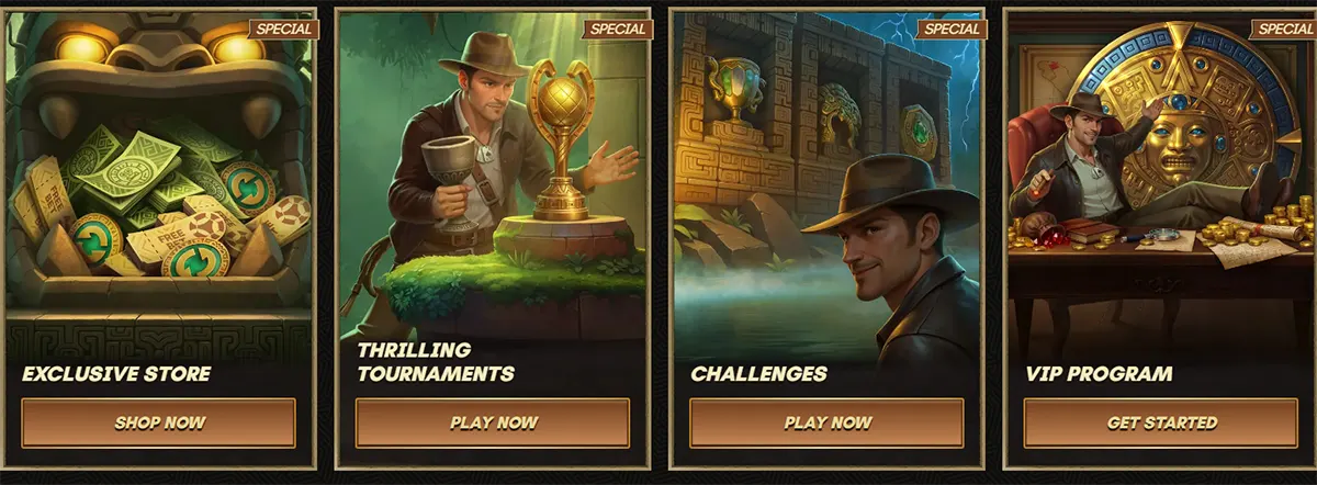 Casino special features cards including Exclusive Store, Thrilling Tournaments, Challenges, and VIP Program, presented with an explorer adventure theme.