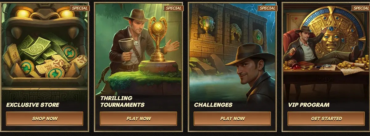 Casino special features cards including Exclusive Store, Thrilling Tournaments, Challenges, and VIP Program, presented with an explorer adventure theme.