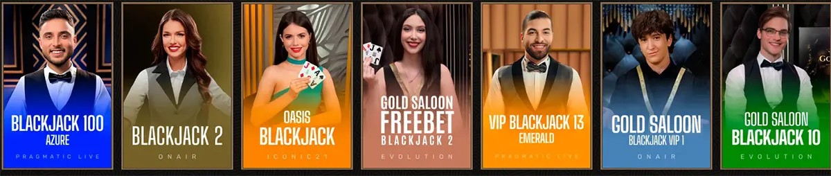 Live casino blackjack games selection featuring Blackjack 100 Azure, Blackjack 2, Oasis Blackjack, Gold Saloon Freebet Blackjack 2, VIP Blackjack 13 Emerald, Cold Saloon Blackjack 2, and Gold Saloon Blackjack 10.