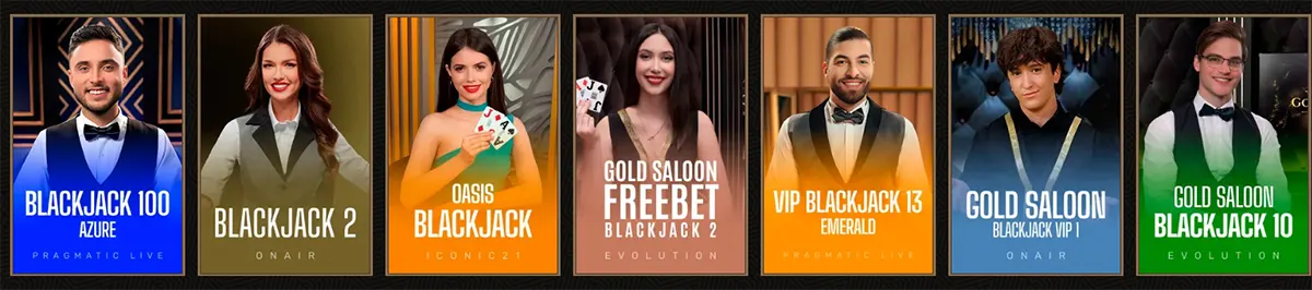 Live casino blackjack games selection featuring Blackjack 100 Azure, Blackjack 2, Oasis Blackjack, Gold Saloon Freebet Blackjack 2, VIP Blackjack 13 Emerald, Cold Saloon Blackjack 2, and Gold Saloon Blackjack 10.