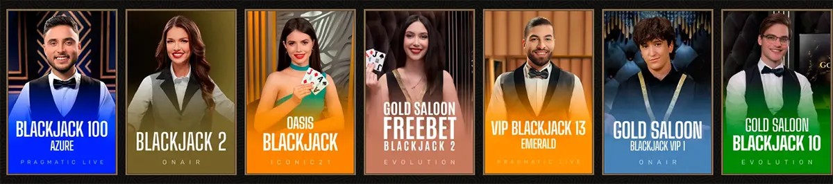 Live casino blackjack games selection featuring Blackjack 100 Azure, Blackjack 2, Oasis Blackjack, Gold Saloon Freebet Blackjack 2, VIP Blackjack 13 Emerald, Cold Saloon Blackjack 2, and Gold Saloon Blackjack 10.
