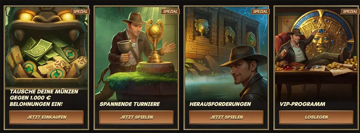Casino special features cards in German including coin rewards exchange, tournaments, challenges, and VIP program, displayed with an explorer adventure theme.