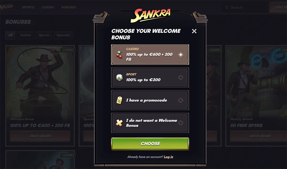 Sankra casino welcome bonus selection popup offering 100% up to €600 + 200 free spins for casino or 100% up to €200 for sports, with options to enter a promo code or continue without a welcome bonus.