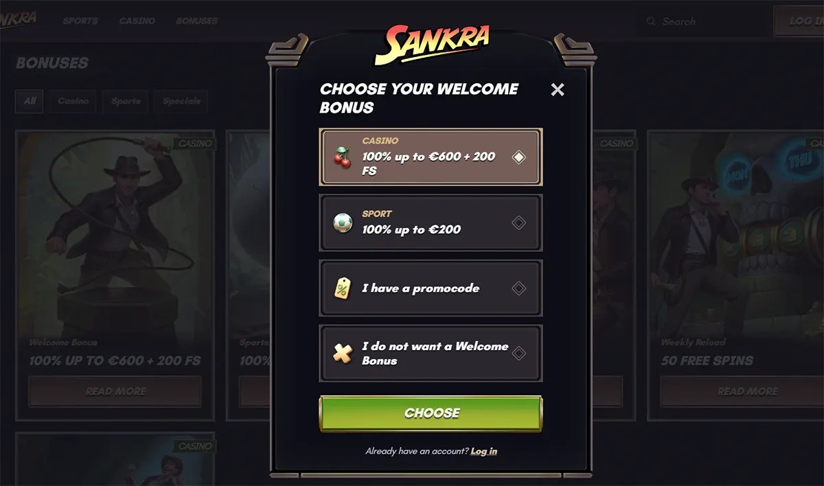 Sankra casino welcome bonus selection popup offering 100% up to €600 + 200 free spins for casino or 100% up to €200 for sports, with options to enter a promo code or continue without a welcome bonus.